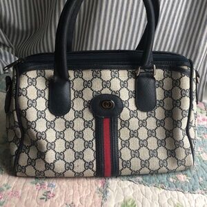 Gucci Beige GG Canvas Satchel with Navy Trim and Red Stripe